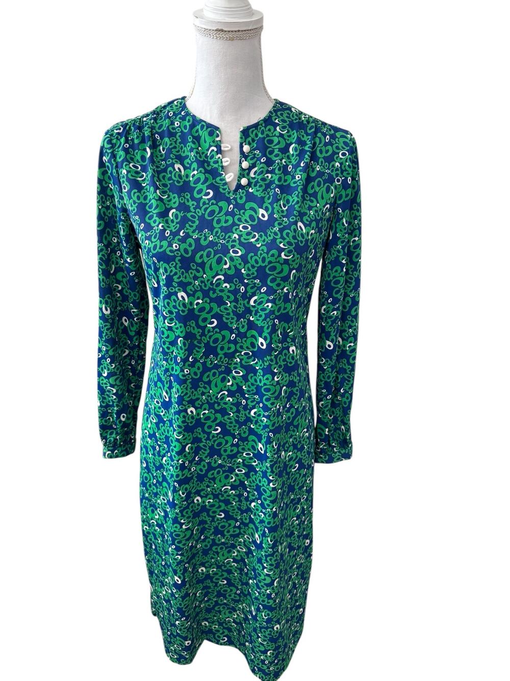 Vintage 60s Mod Print Long Sleeve Midi Dress Royal Blue Kelly Green